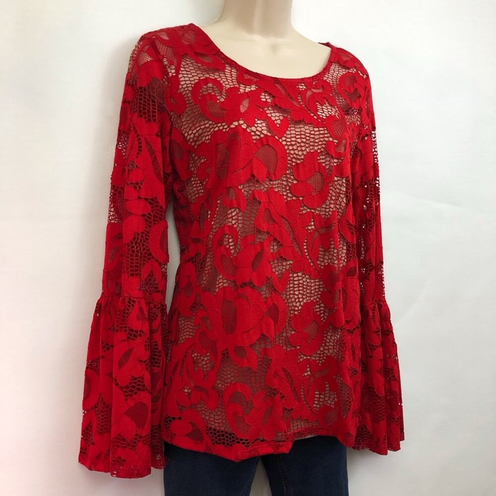 INC International Concepts Red Lace Nude Lined Top Bell Sleeves Scoop Neckline - Picture 16 of 16
